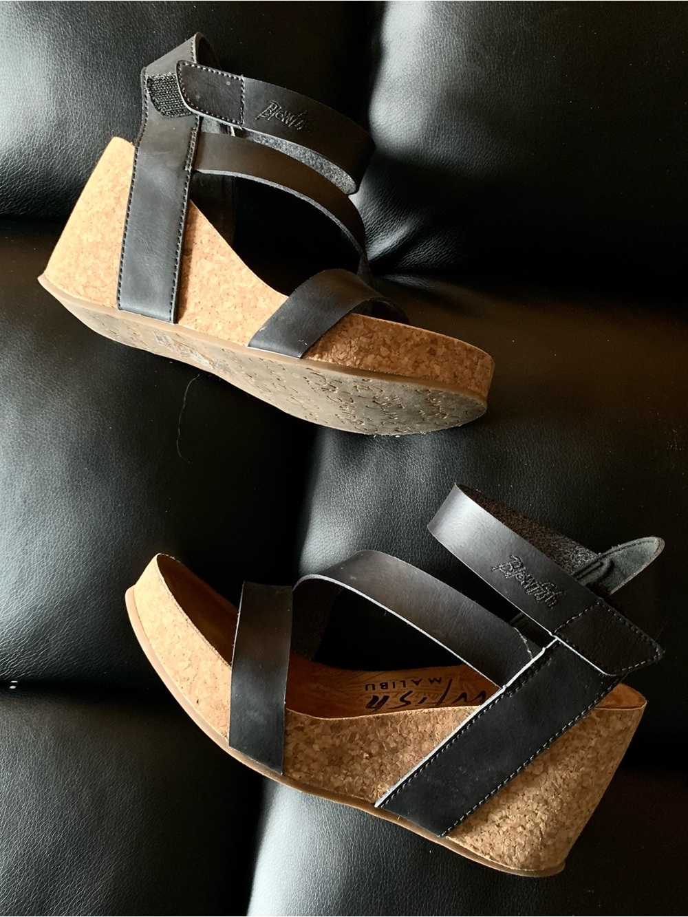Blondo Black Leather Cork Wedge Sandals
